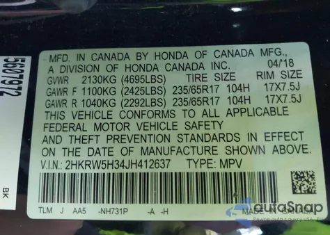 2018 Honda Cr-V Lx z USA, uszkodzony, nr VIN 2HKRW5H34JH412637